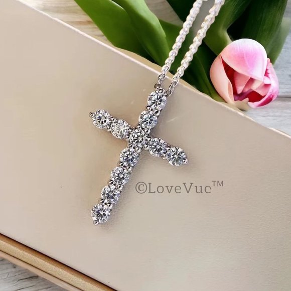 4mm Diamond Brilliant Cut Cross Pendant Necklace - Picture 4 of 17